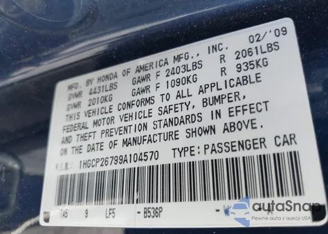 2009 Honda Accord 2.4 Ex из США, поврежденный, VIN 1HGCP26799A104570